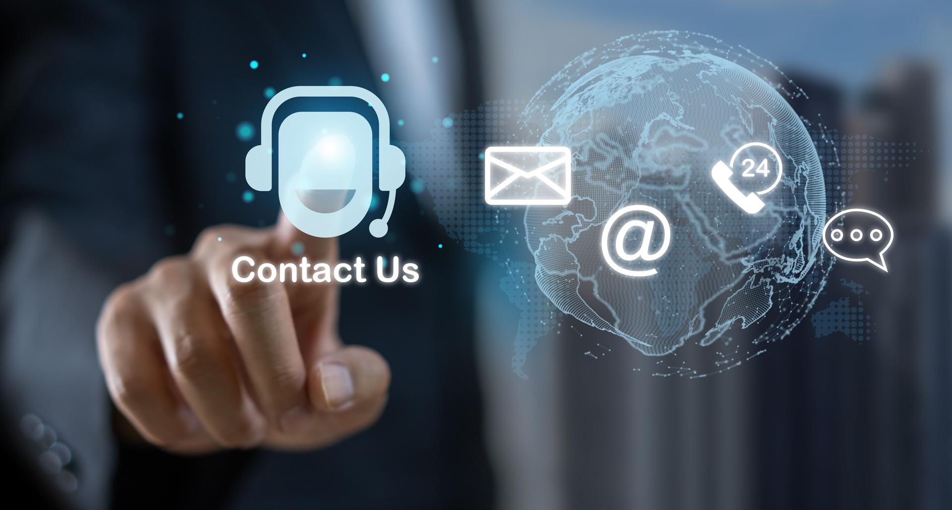 Hand of call center touching on screen contact us, email, address, operator, customer, suppor, phone services agen, live chat, internet wifi, customer support hotline.contact us concept